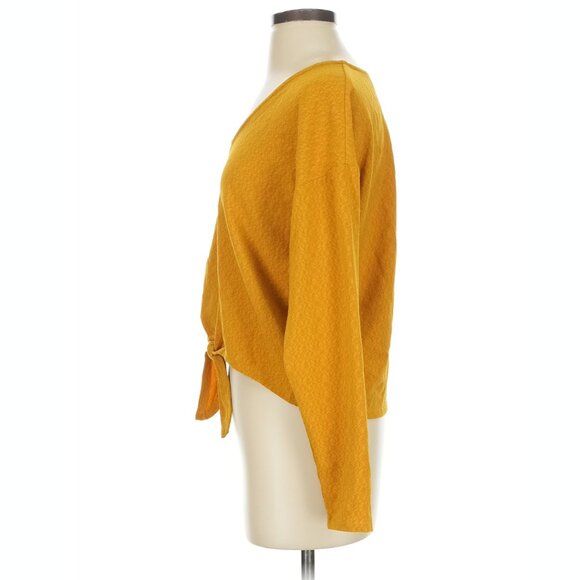 ASTR Women's Top Blouse Crop Tie Hem Mustard Yellow Texture Long Sleeve Size XS - Picture 4 of 6